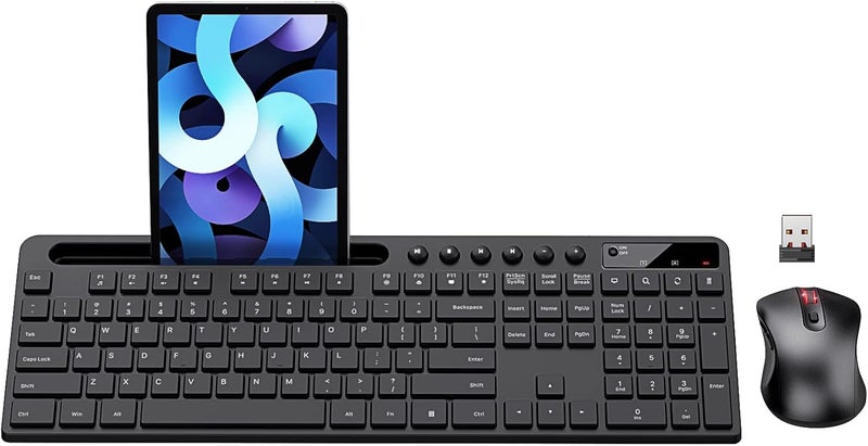 MARVO Wireless Keyboard and Mouse Combo, 2.4G Ergonomic Wireless Computer Keyboard with Phone Tablet Holder, Silent Mouse with 6 Button, Compatible with MacBook, Windows (Black) - Image 1
